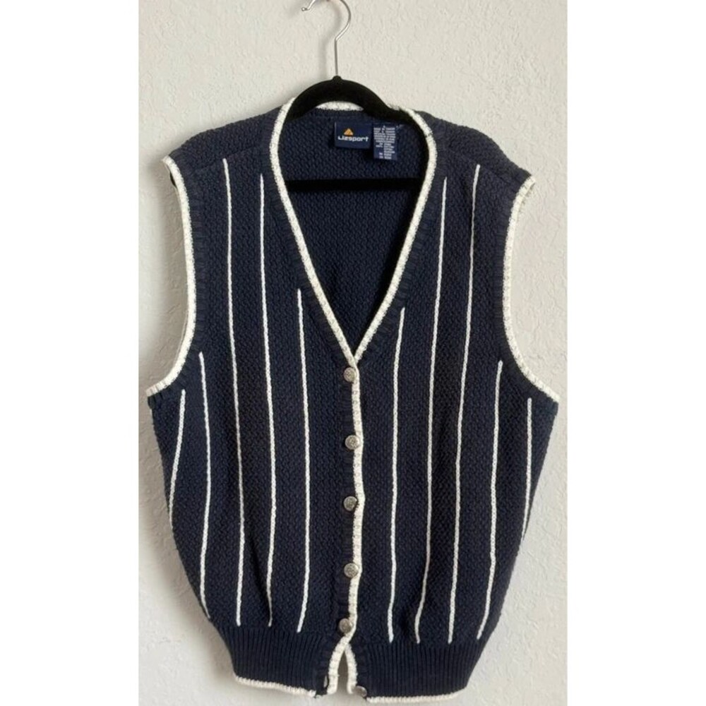 Vintage Lizsport Navy Cream Striped Knit Sweater Vest Button Front Sz L